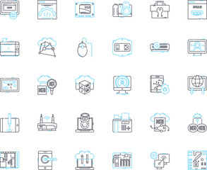 Devices linear icons set. Smartph, Laptop, Tablet, Desktop, Smartwatch, Printer, Camera line vector and concept signs. Projector,Keyboard,Mouse outline illustrations