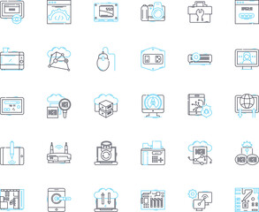 Devices linear icons set. Smartph, Laptop, Tablet, Desktop, Smartwatch, Printer, Camera line vector and concept signs. Projector,Keyboard,Mouse outline illustrations