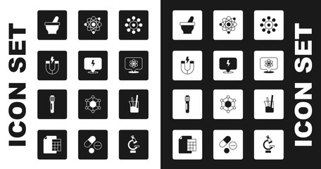 Set Virus, Lightning bolt, Magnet, Mortar and pestle, Atom, Laboratory glassware and Test tube icon. Vector