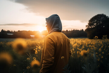 person watching sunset in a field of flowers