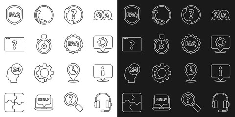 Set line Headphones, Information, Location with gear, Telephone 24 hours support, Stopwatch, Browser question mark, Shield text FAQ and Label icon. Vector