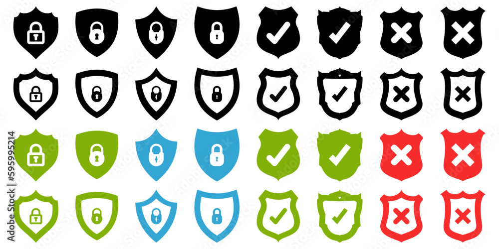 Poster Secure shields with check and lock. Set of protection shields
