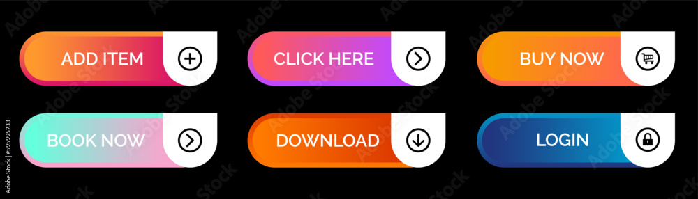Aufkleber web buttons collection. different app button collection. click here, login, buy now