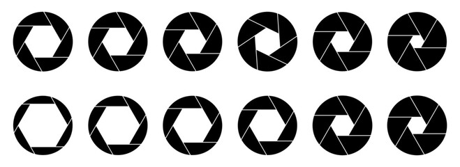 Black camera lens icon collection. Set of camera lens icons - obrazy, fototapety, plakaty