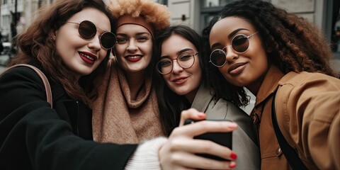 Obraz premium BIg Beautiful Women taking a group selfie in the city - Generative AI 