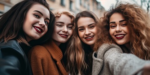 Obraz premium group of multi-ethic friends taking a selfie in the city - generative AI 
