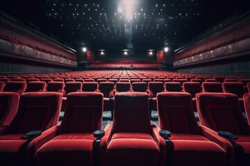Vacant red cinema seats. Comfortable armchairs in theater. Rows of empty chairs. Generative AI - obrazy, fototapety, plakaty