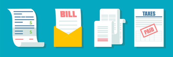 Set of receipt, bill, check and tax document in a flat design