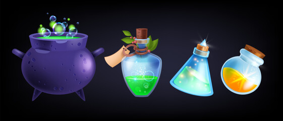 Game potion bottle set, vector cartoon magic antidote, witch medicine UI glass flask, boil cauldron. Alchemic fantasy icon kit, liquid fairy elixir, Halloween spooky drink. Potion bottle illustration