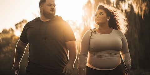 plus-size man and woman walking in the park in the early morning lighting. Wearing exercise clothes. Generative AI 