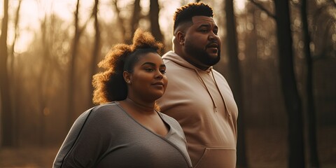 plus-size man and woman walking in the park in the early morning lighting. Wearing exercise clothes. Generative AI 