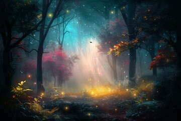 Enchanting forest with colorful trees, moon, fireflies, and fog. Digital illustration creating a mystical ambiance for wallpaper. Generative AI