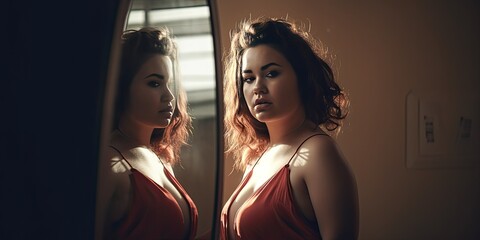 closeup of beautiful plus-size woman with window lighting looking in the mirror - Generative AI 