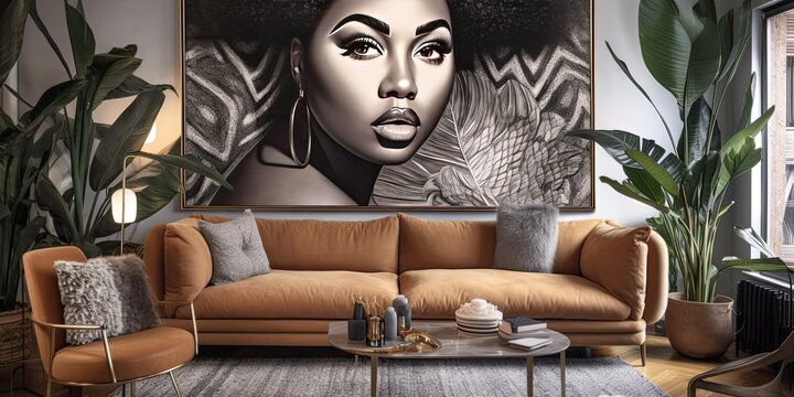 beautiful plus-size woman image on a wall behind a couch  with window lighting Generative AI 
