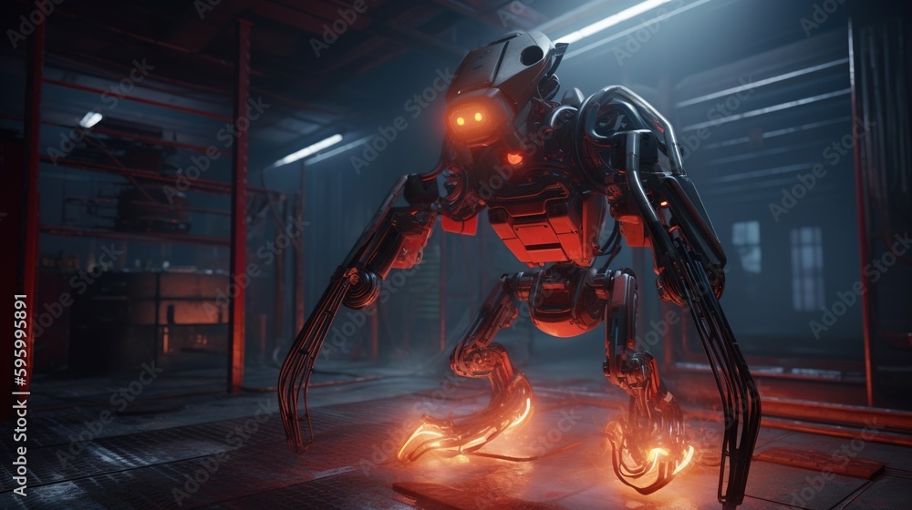 Poster a robot with glowing eyes standing in a dark room with a red light. generative ai