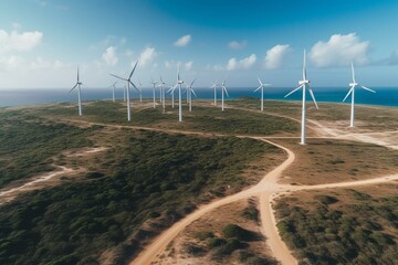 Wind power - windmills on the coast of Uruaú, Ceará, Brazil. Generative AI
