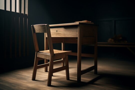 Isolated wooden school desk and chair. Generative AI