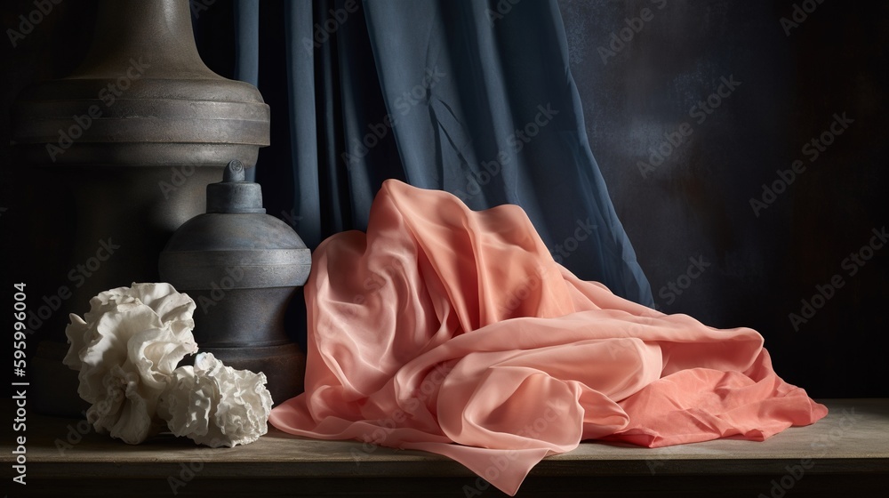 Aufkleber a blanket and vase on a table in front of a curtain. generative ai
