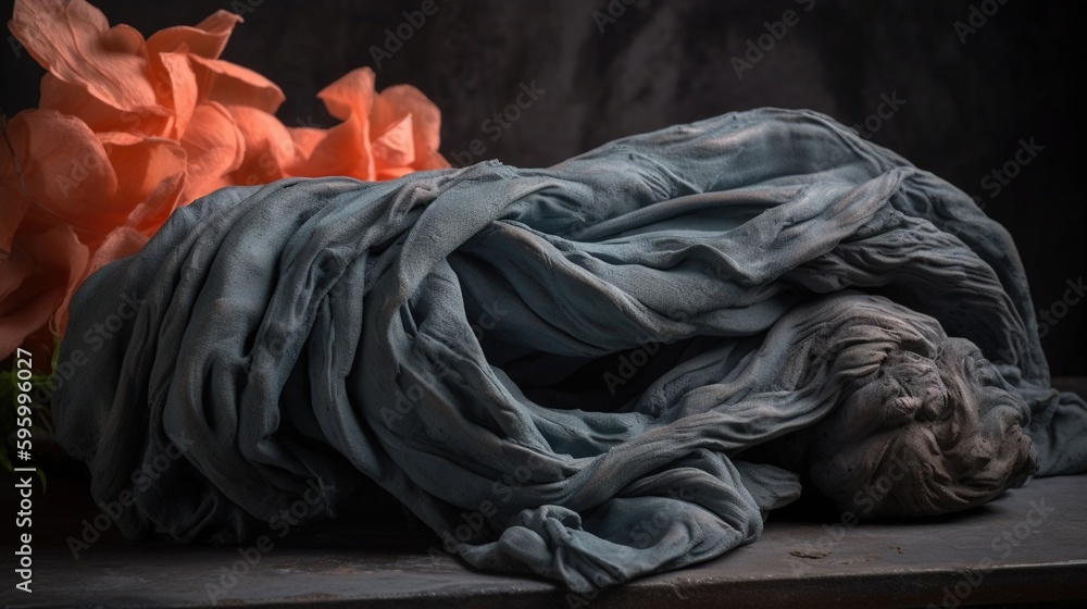 Poster a gray cloth draped over a table with flowers on it. generative ai