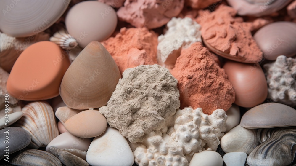 Poster a pile of different colored rocks and shells on a table. generative ai