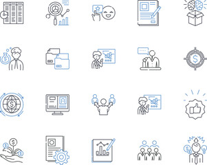 Portfolio funds line icons collection. Diversification, Returns, Management, Allocation, Investment, Risk, Strategy vector and linear illustration. Performance,Appraisal,Asset outline signs set