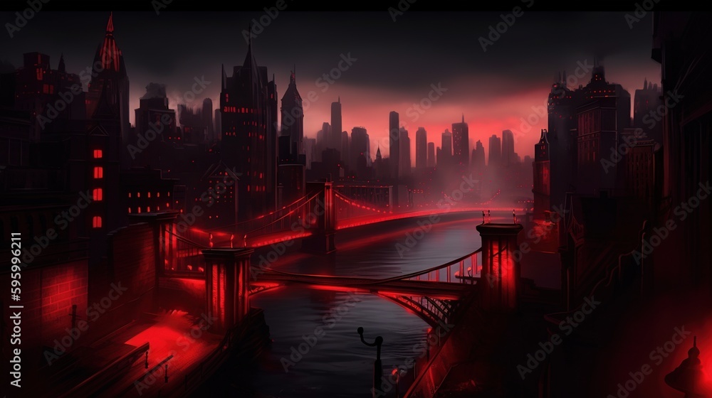 Poster a red cityscape with a bridge in the foreground. generative ai