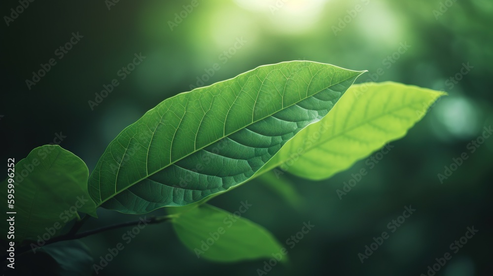Aufkleber a close up of a green leaf on a tree branch. generative ai