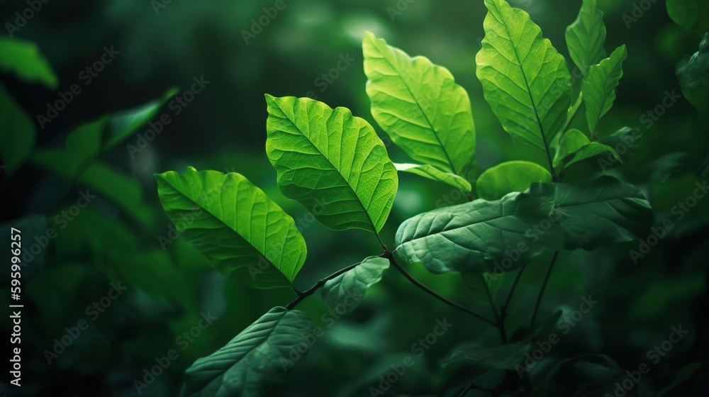 Poster a close up of a green leaf on a tree branch. generative ai