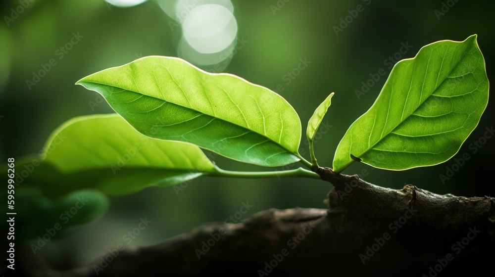 Poster a close up of a green leaf on a tree branch. generative ai