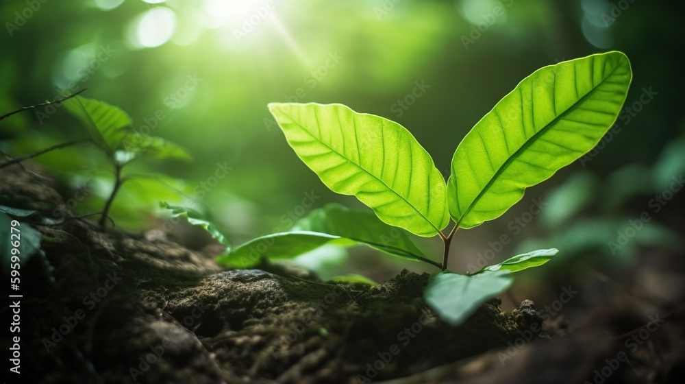 Poster a close up of a green leaf on a tree branch. generative ai