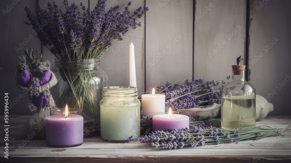 Poster a table topped with candles and bottles filled with lavenders. generative ai