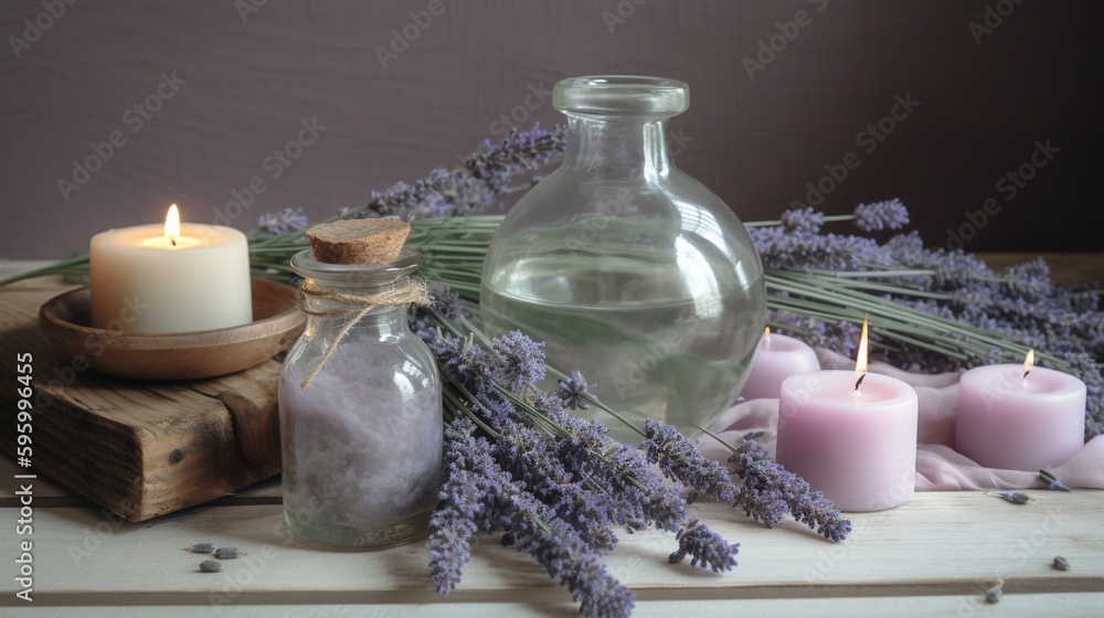 Poster a table topped with candles and bottles filled with lavenders. generative ai