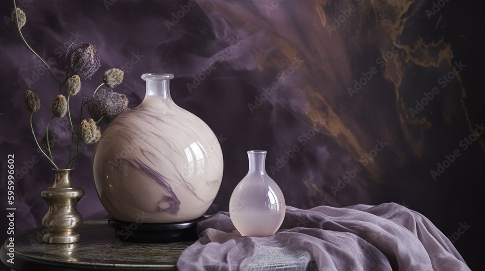 Poster two vases sitting on a table with a cloth on it. generative ai