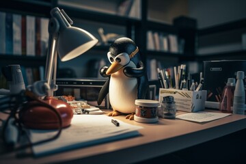 Fototapeta na wymiar Academic penguin researching in workplace. Generative AI