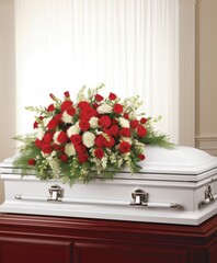 Closeup shot of a white casket in a hearse or chapel before funeral or burial at cemetery - obrazy, fototapety, plakaty