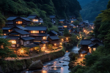Obraz premium A Japanese village seated in a beautiful valley at dusk, Generative AI
