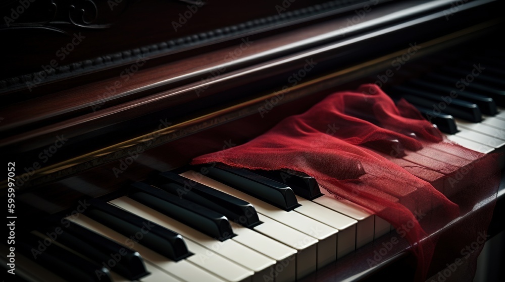 Poster a red cloth is on top of a piano keyboard with it's keys. generative ai