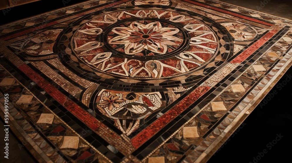 Poster a decorative rug with a circular design on it's surface. generative ai