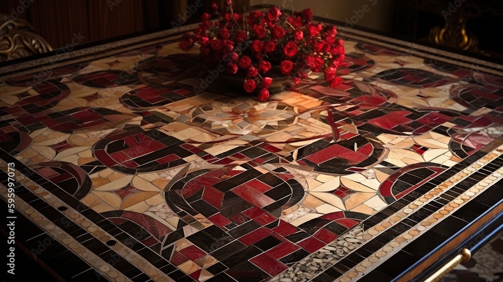 Poster a table with a vase of red roses on top of it. generative ai