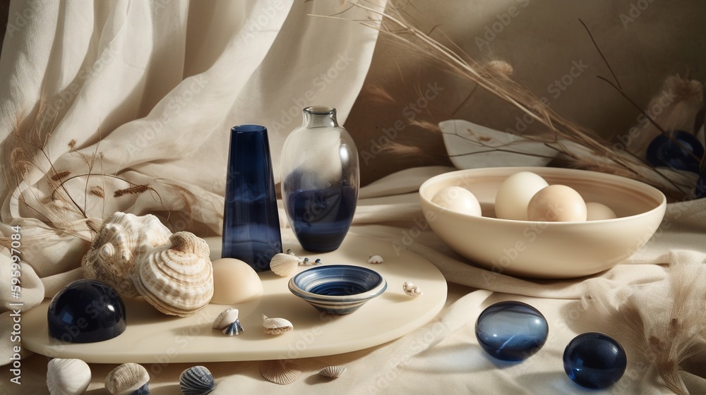 Aufkleber a table topped with a bowl of eggs and a bowl of shells. generative ai
