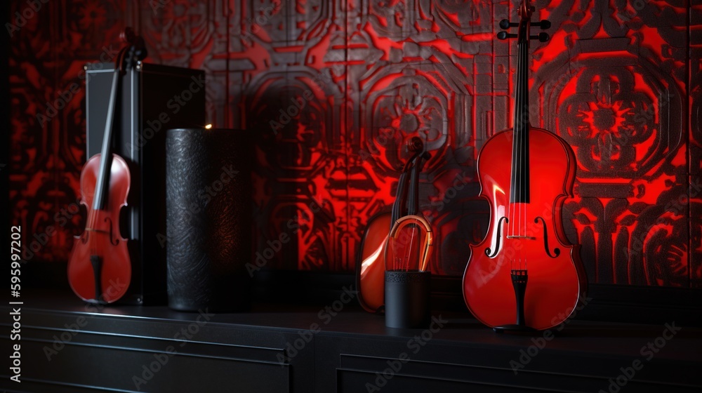 Poster a red violin sitting on top of a shelf next to a speaker. generative ai