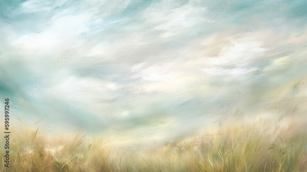 Poster a painting of a grassy field with clouds in the background. generative ai