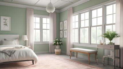 Fototapeta na wymiar a bedroom with green walls and a white bed with a white comforter. generative ai