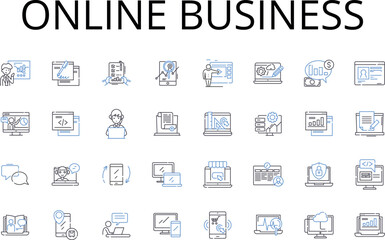 Online business line icons collection. Digital commerce, Virtual enterprise, Cyber enterprise, E-commerce, Internet enterprise, Online trading, Web-based business vector and linear illustration