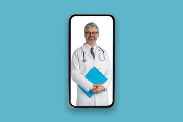 Smiling middle aged man doctor in cell phone screen, collage