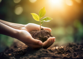 Hands holding a small plant with soil, symbolizing growth, care, and environmental sustainability, with sunlight in the background, AI generated. 
