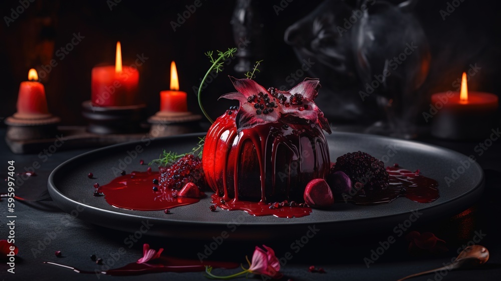 Poster a plate with a cake on it with candles in the background. generative ai