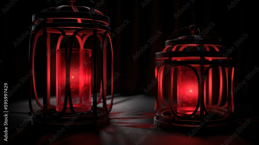 Poster a red lantern sitting on top of a table next to a red light. generative ai
