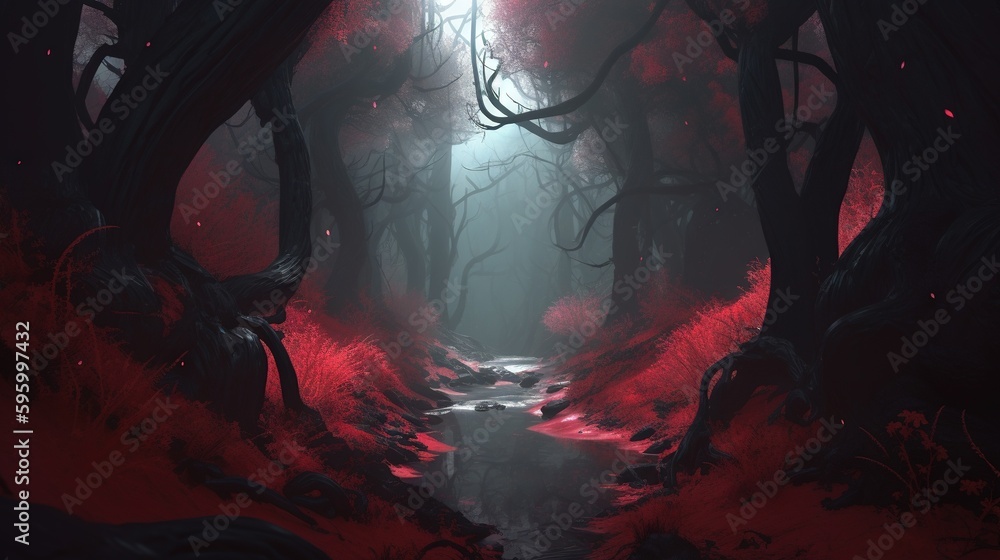 Poster a dark forest with a stream in the middle of it. generative ai