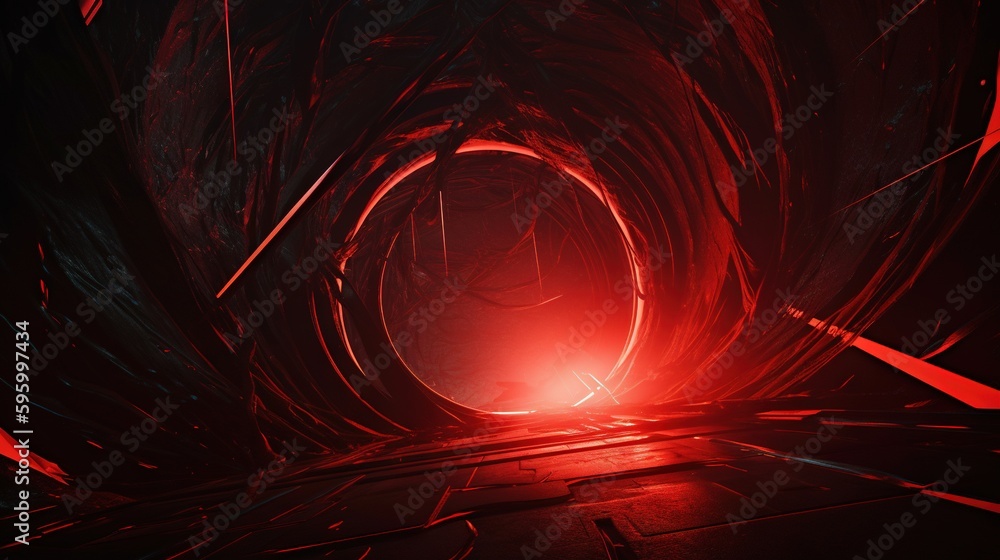 Poster a tunnel with red light coming out of the center of it. generative ai
